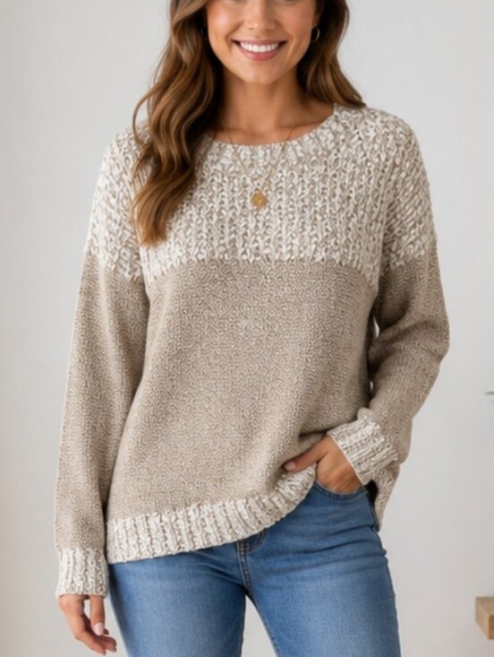 Fate Sweaters - FATE Cozy Two-Tone Scoop Neck Sweater in Taupe and Cream Size Medium NWT